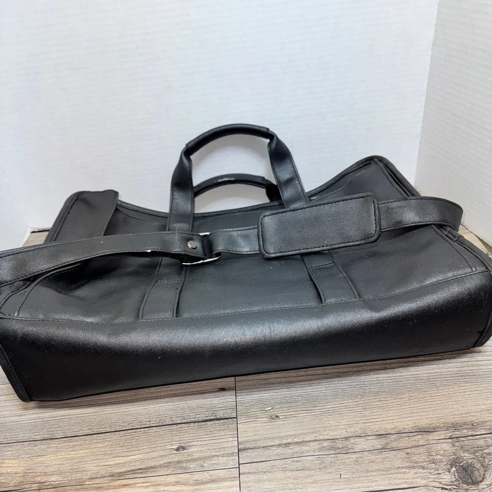 Men's Black Leather Laptop Briefcase with Multiple Pockets and Zippers